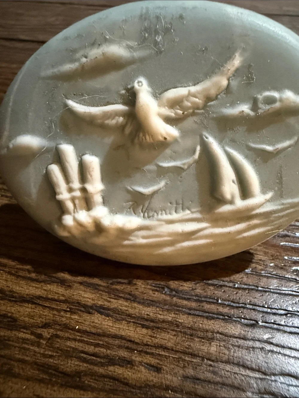Blue Oval Soapstone Trinket Box White Nautical Scene in Relief Signed R Nemith
